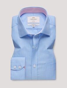 Non-Iron Blue & White Dogtooth Classic Fit Shirt - Contrast Detail & Breast Pocket-preview1