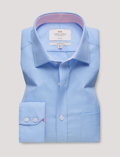 Non-Iron Blue & White Dogtooth Classic Fit Shirt - Contrast Detail & Breast Pocket-preview