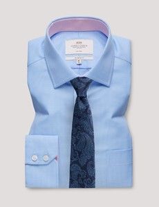 Non-Iron Blue & White Dogtooth Classic Fit Shirt - Contrast Detail & Breast Pocket-preview2