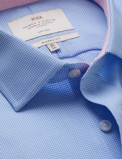 Non-Iron Blue & White Dogtooth Classic Fit Shirt - Contrast Detail & Breast Pocket