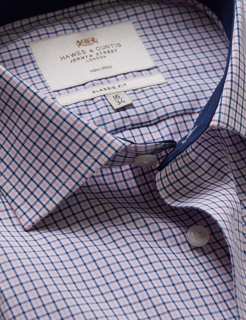 Non-Iron Pink & Navy Multi Check Classic Fit Shirt - Contrast Detail & Breast Pocket