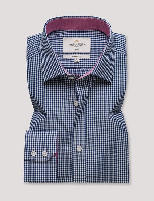 Non-Iron Navy & White Gingham Check Classic Fit Shirt - Contrast Detail & Breast Pocket-preview