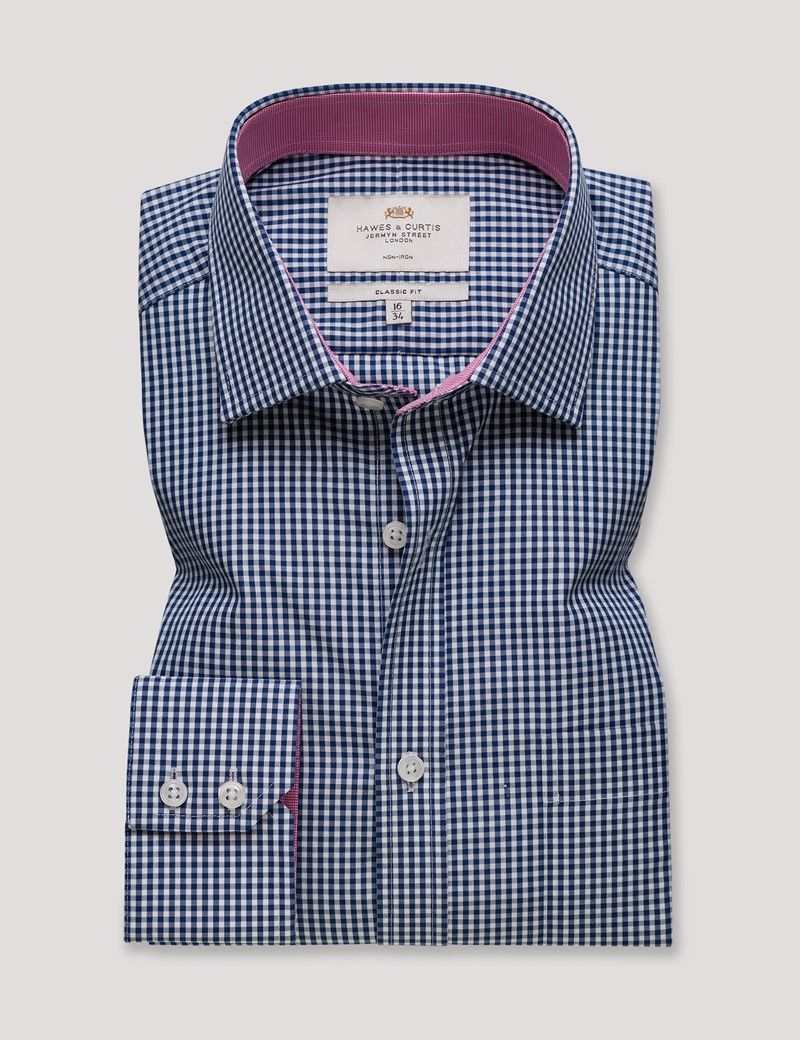 Classic Fit Navy & White Gingham Plaid Non-Iron Shirt - Contrast Detail  - Chest Pocket-preview