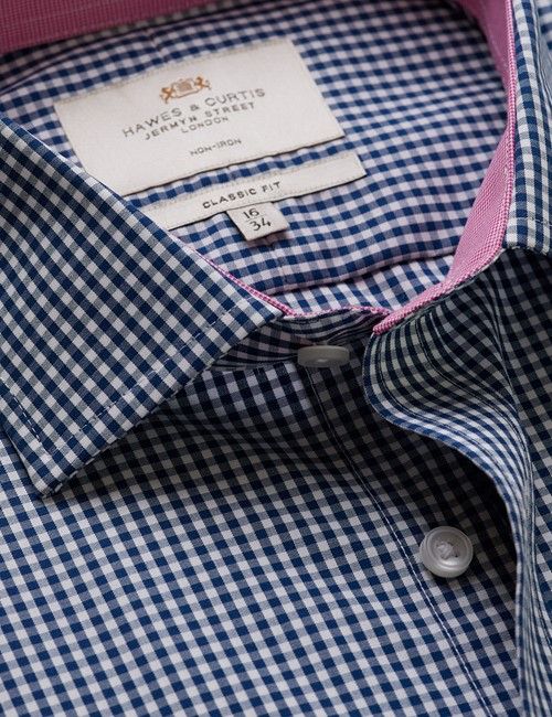 Non-Iron Navy & White Gingham Check Classic Fit Shirt - Contrast Detail & Breast Pocket