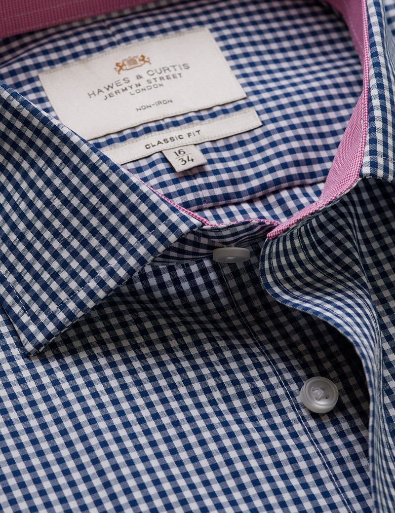 Classic Fit Navy & White Gingham Plaid Non-Iron Shirt - Contrast Detail  - Chest Pocket