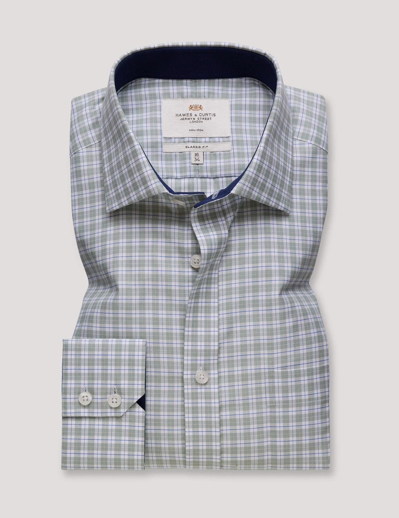 Classic Fit Green & Blue Check Non-Iron Shirt - Contrast Detail  - Chest Pocket-preview