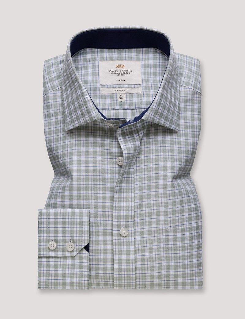 Classic Fit Green & Blue Check Non-Iron Shirt - Contrast Detail  - Chest Pocket-preview