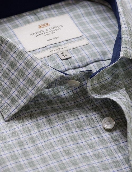 Non-Iron Green & Blue Multi Check Classic Fit Shirt - Contrast Detail & Breast Pocket