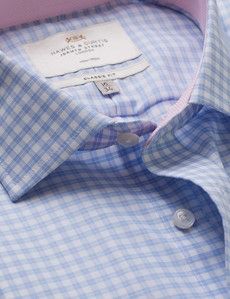 Classic Fit Blue & White Grid Check Non-Iron Shirt - Contrast Detail  - Chest Pocket