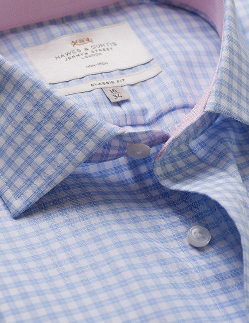 Non-Iron Blue & White Grid Check Classic Fit Shirt - Contrast Detail & Breast Pocket