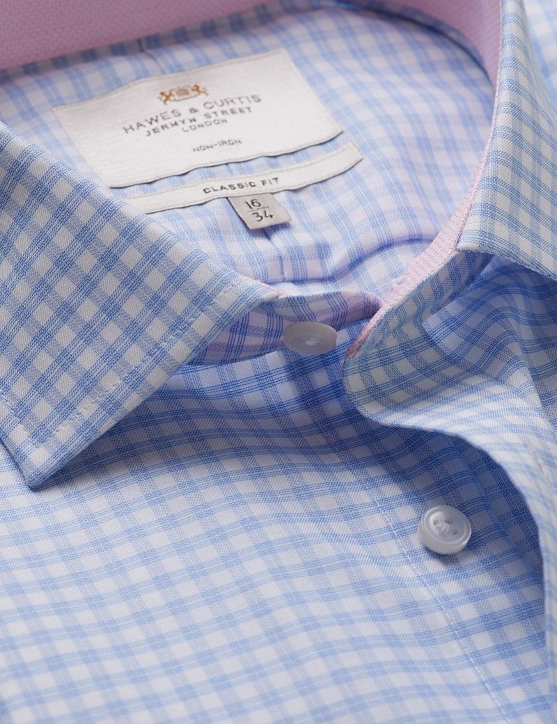 Classic Fit Blue & White Grid Plaid Non-Iron Shirt - Contrast Detail  - Chest Pocket