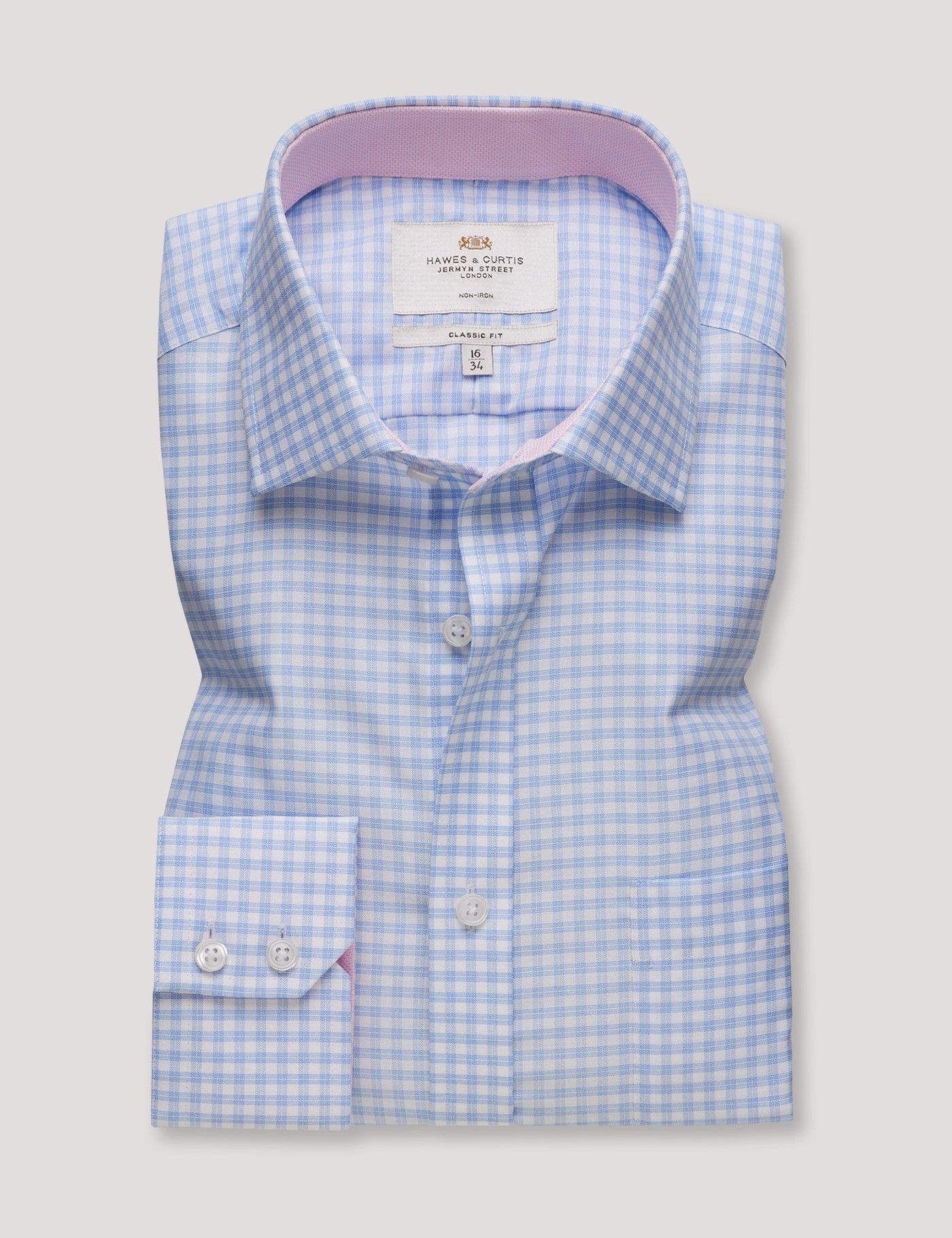 Classic Fit Blue & White Grid Plaid Non-Iron Shirt - Contrast Detail - Chest Pocket-preview