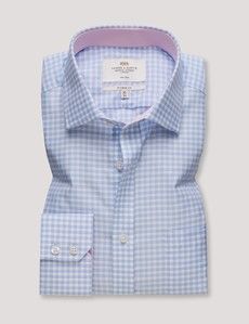 Classic Fit Blue & White Grid Check Non-Iron Shirt - Contrast Detail  - Chest Pocket