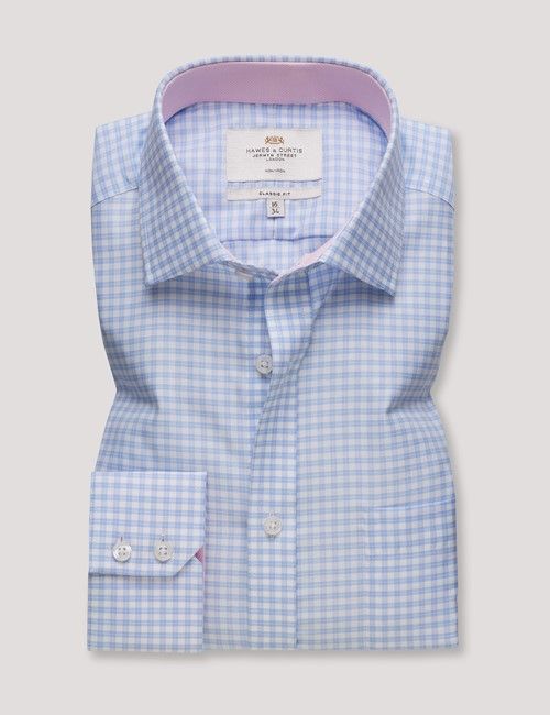 Non-Iron Blue & White Grid Check Classic Fit Shirt - Contrast Detail & Breast Pocket-preview