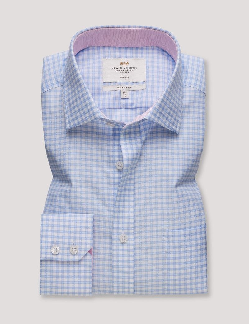 Classic Fit Blue & White Grid Plaid Non-Iron Shirt - Contrast Detail  - Chest Pocket-preview