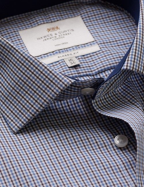 Non-Iron Brown & Navy Multi Check Classic Fit Shirt - Contrast Detail & Breast Pocket