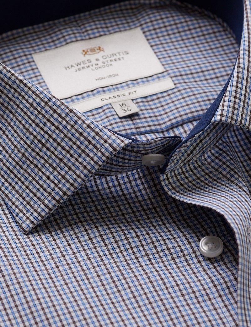 Classic Fit Brown & Navy Check Non-Iron Shirt - Contrast Detail  - Chest Pocket