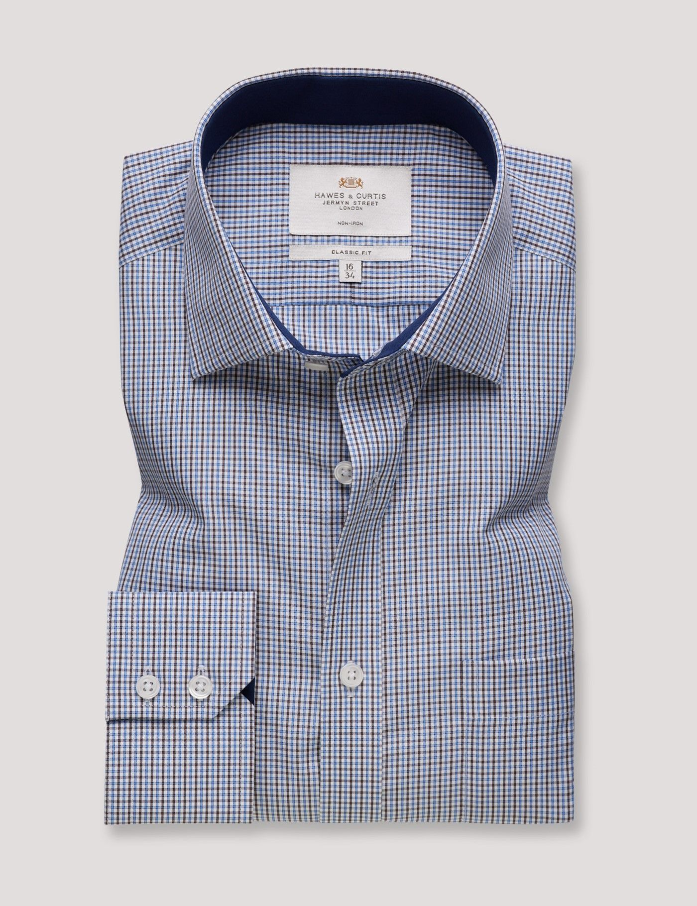 Classic Fit Brown & Navy Check Non-Iron Shirt - Contrast Detail  - Chest Pocket-preview