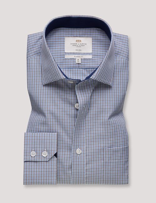 Non-Iron Brown & Navy Multi Check Classic Fit Shirt - Contrast Detail & Breast Pocket-preview