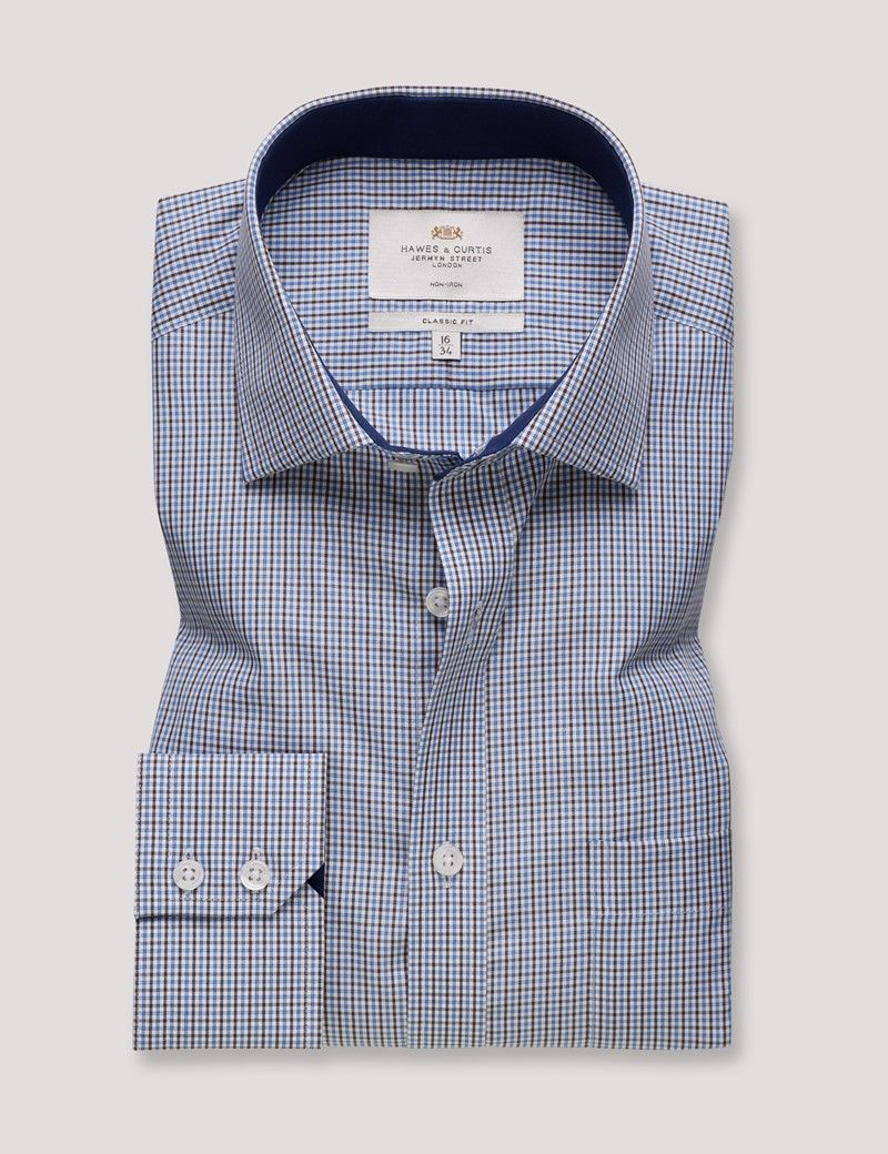 Classic Fit Brown & Navy Check Non-Iron Shirt - Contrast Detail  - Chest Pocket-preview