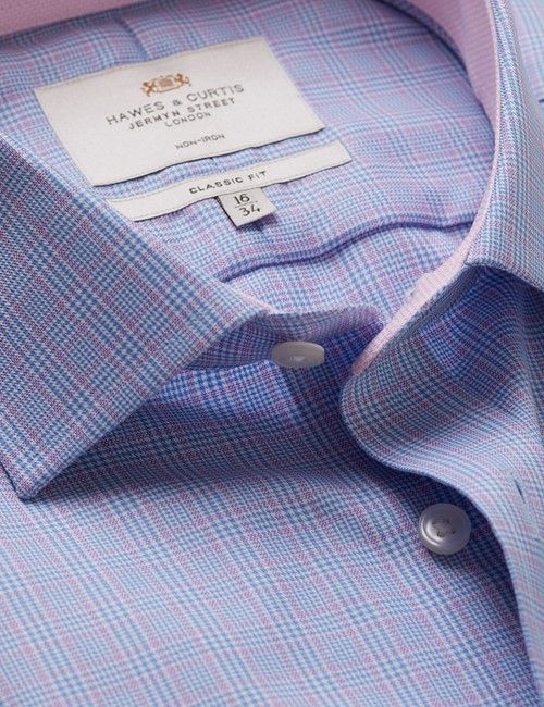 Non-Iron Blue & Lilac Multi Check Classic Fit Shirt - Contrast Detail & Breast Pocket