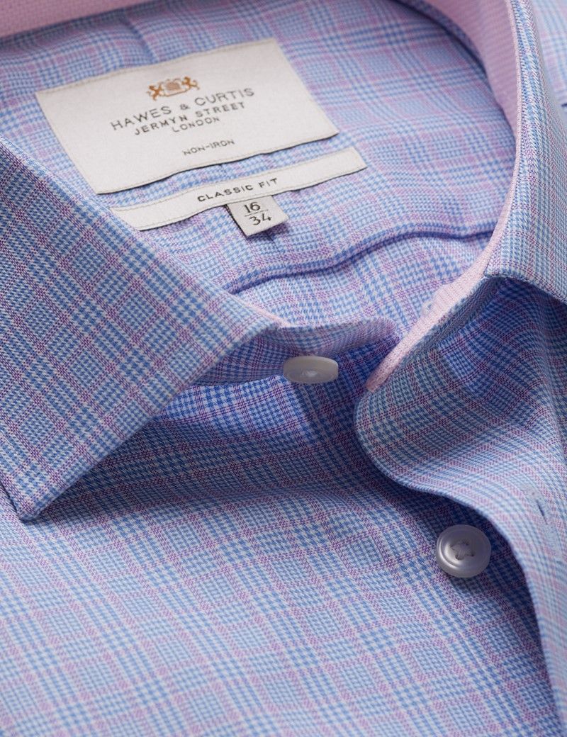 Classic Fit Blue & Lilac Check Non-Iron Shirt - Contrast Detail - Chest Pocket