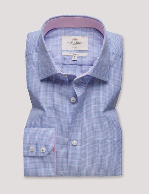 Non-Iron Blue & Lilac Multi Check Classic Fit Shirt - Contrast Detail & Breast Pocket-preview