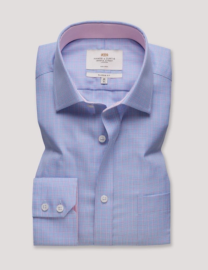Classic Fit Blue & Lilac Check Non-Iron Shirt - Contrast Detail - Chest Pocket-preview