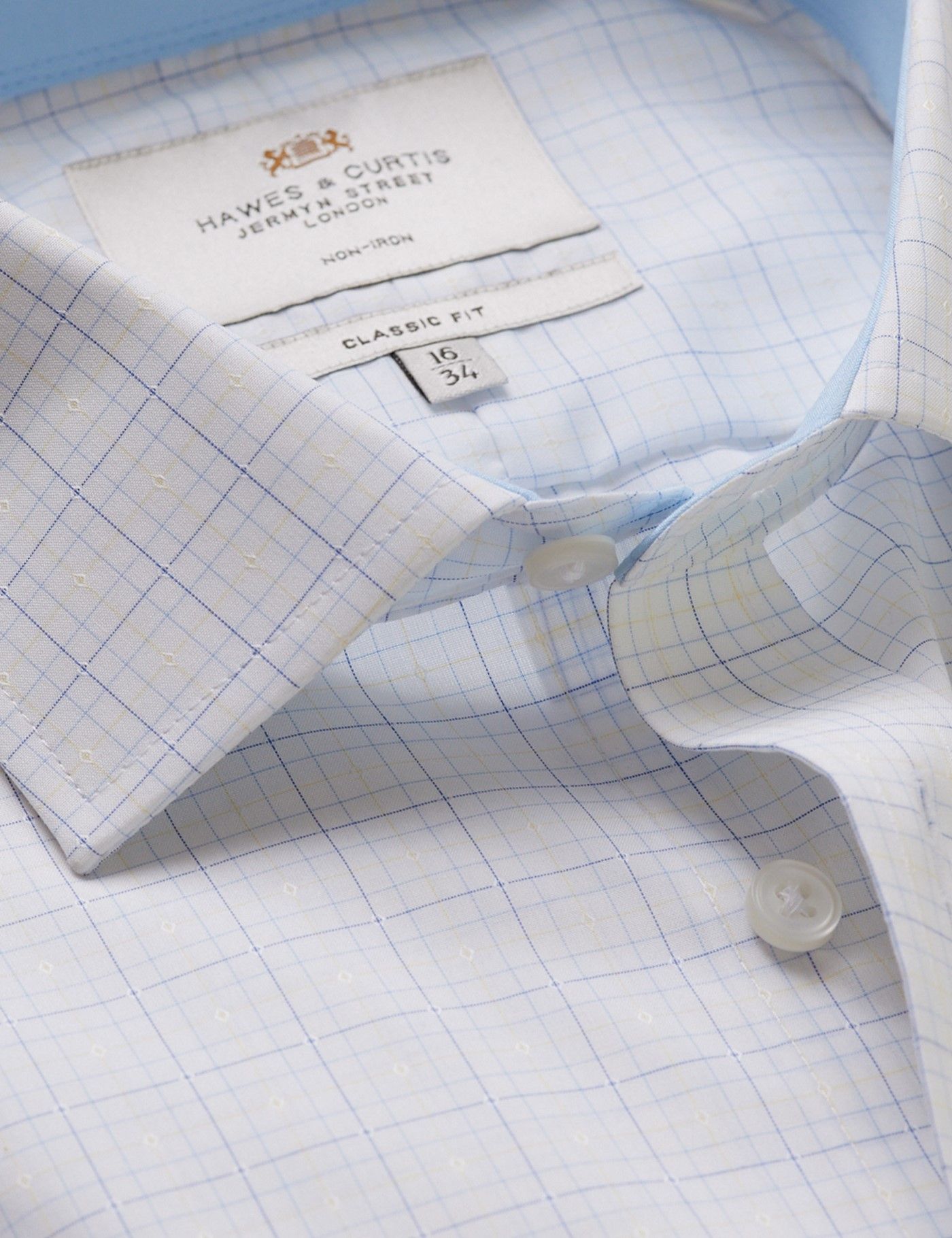 Classic Fit Blue & Yellow Check Non-Iron Shirt - Contrast Detail  - Chest Pocket