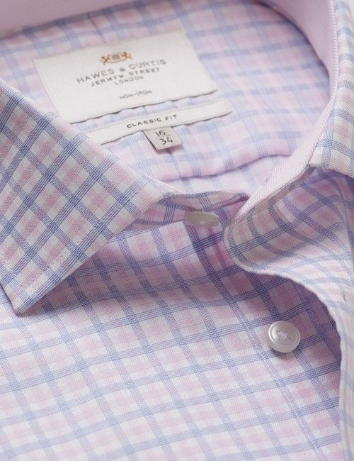 Non-Iron Pink & Blue Multi Check Classic Fit Shirt - Contrast Detail & Breast Pocket