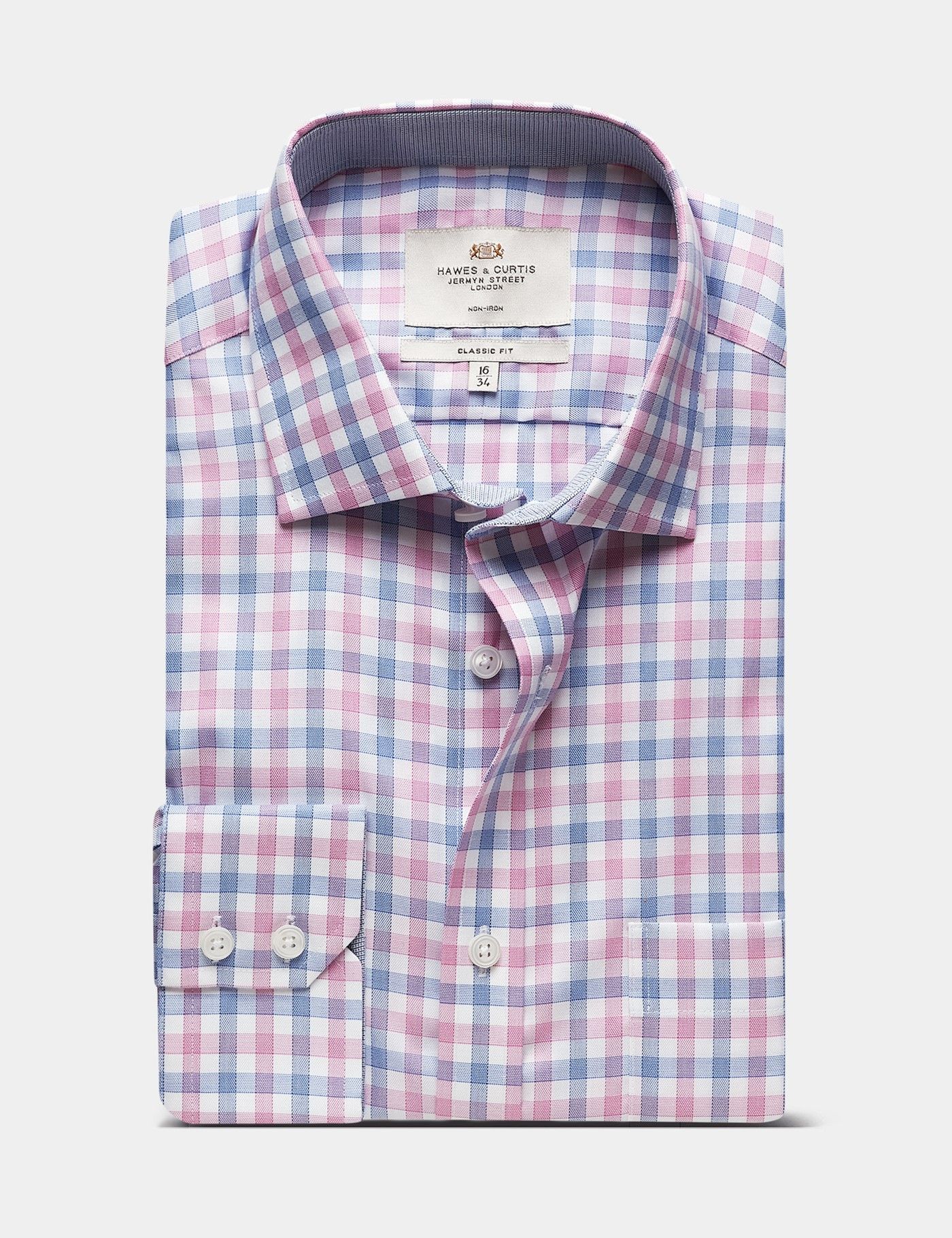 Classic Fit Navy & Red Check Non-Iron Shirt - Contrast Detail  - Chest Pocket-preview