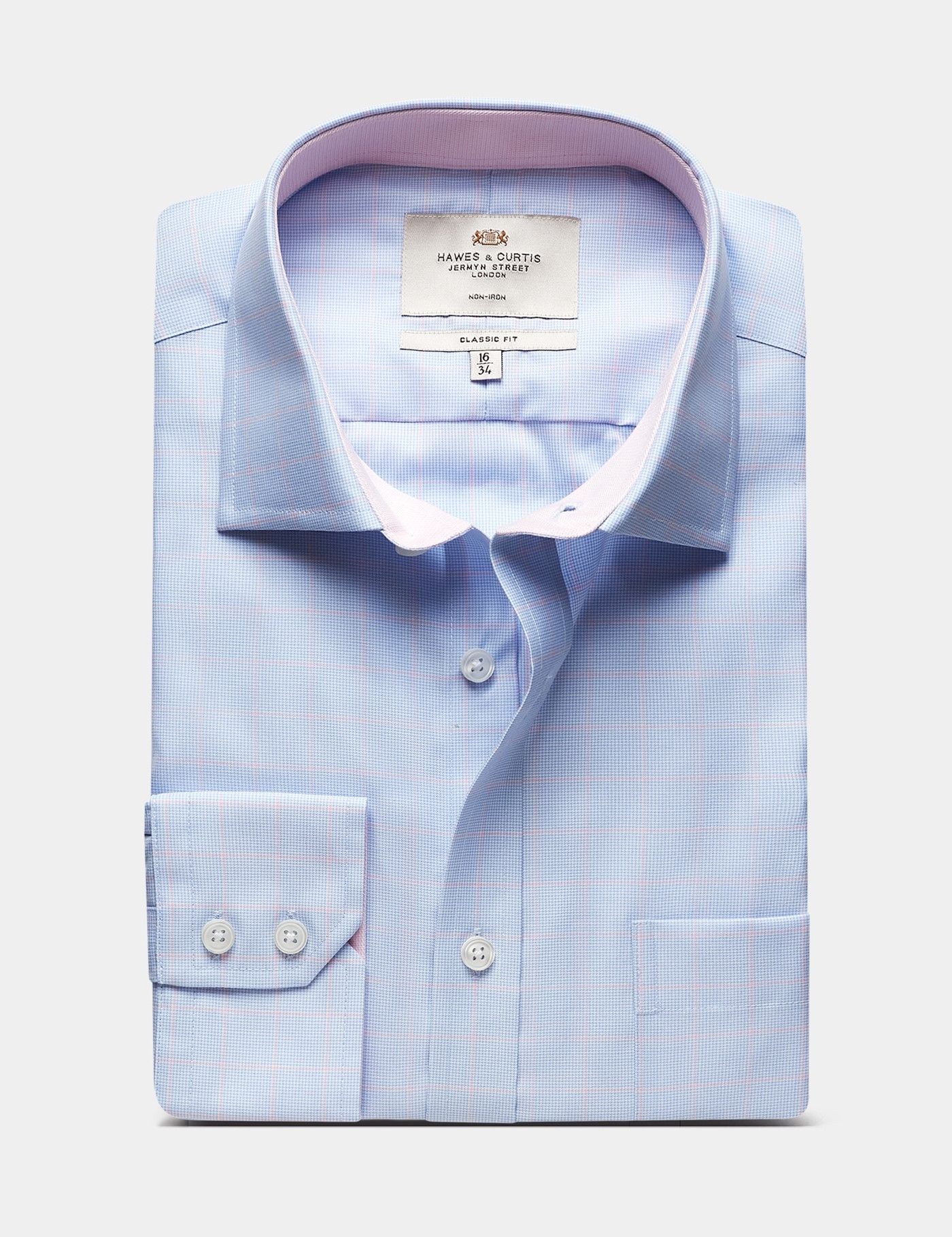 Classic Fit Blue & Pink Check Non-Iron Shirt - Contrast Detail  - Chest Pocket-preview