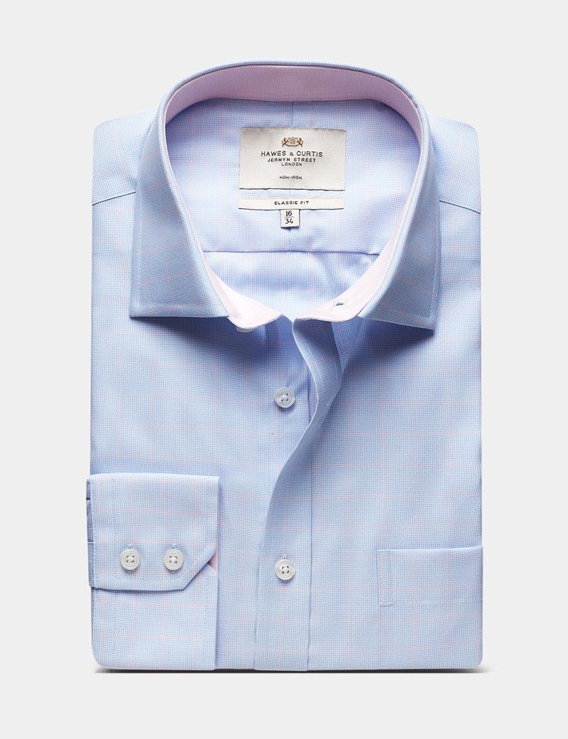 Classic Fit Blue & Pink Check Non-Iron Shirt - Contrast Detail  - Chest Pocket-preview
