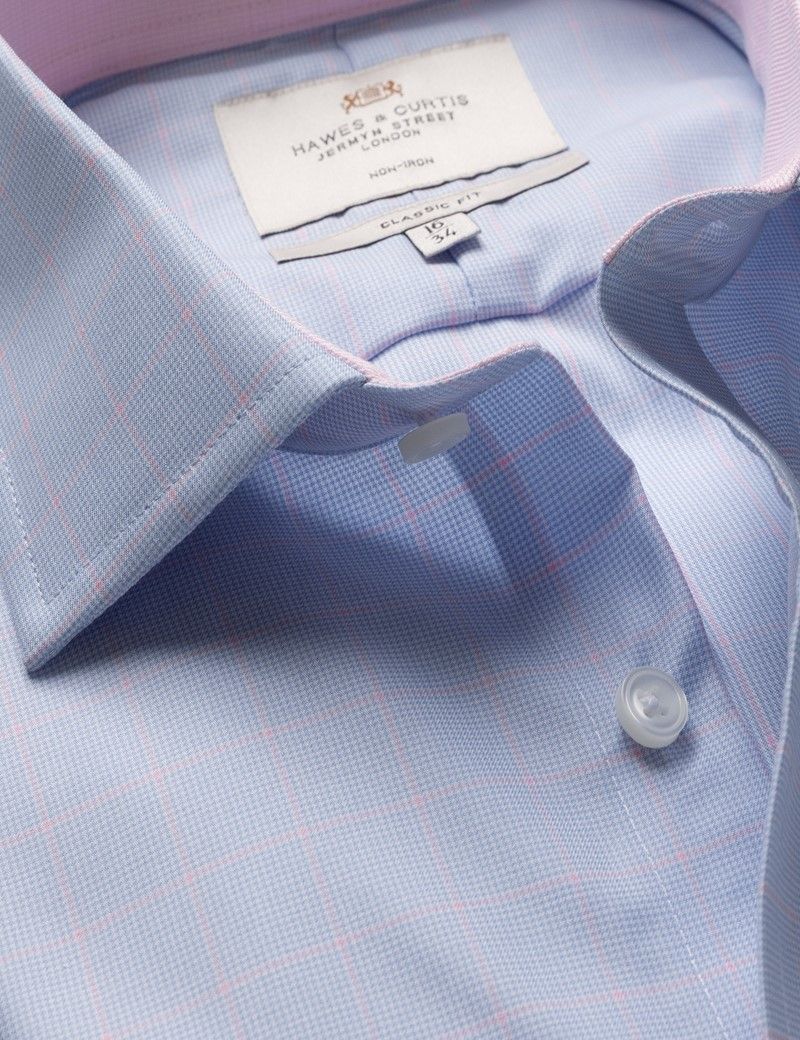 Classic Fit Blue & Pink Check Non-Iron Shirt - Contrast Detail  - Chest Pocket