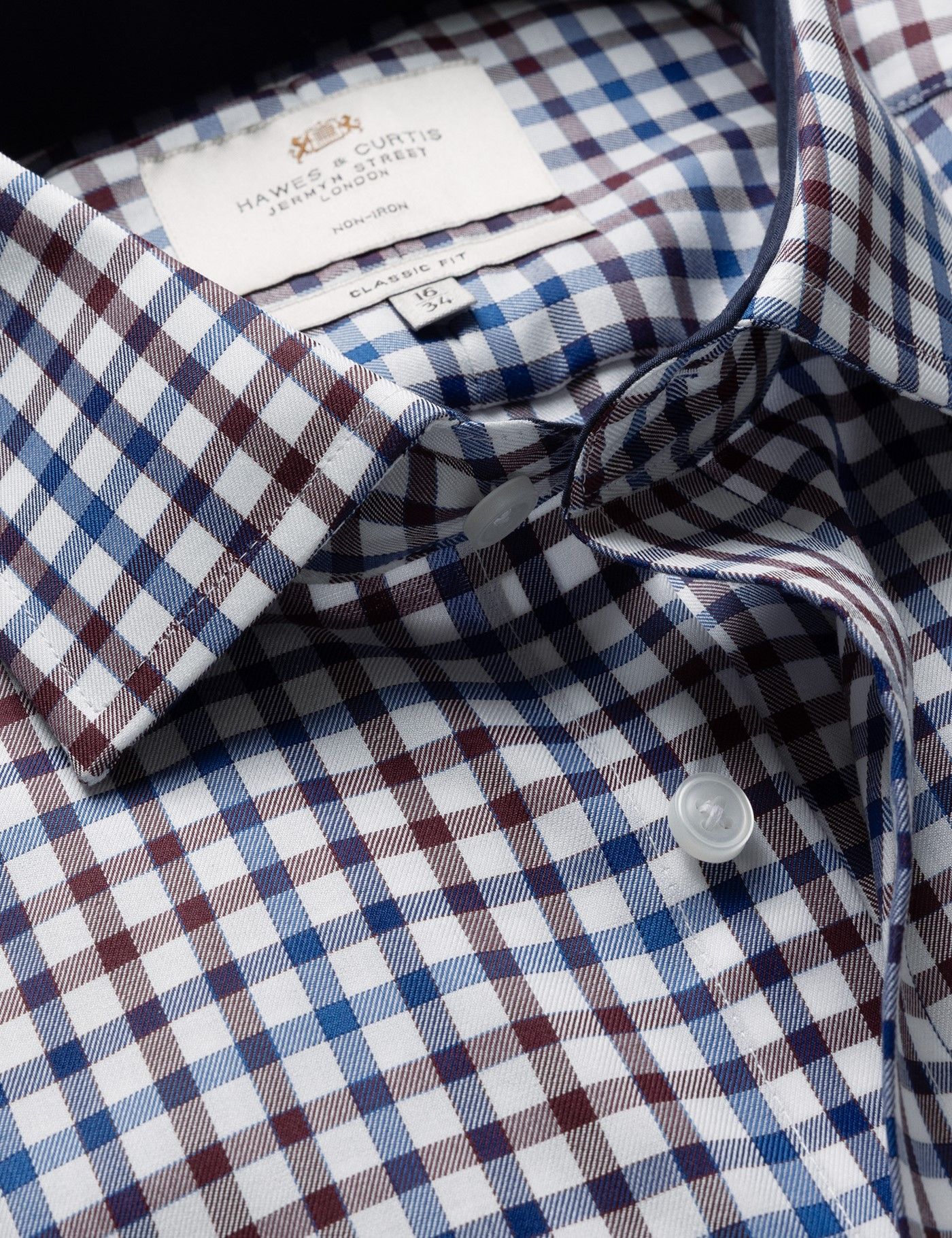 Classic Fit Brown & Blue Check Non-Iron Shirt - Contrast Detail  - Chest Pocket