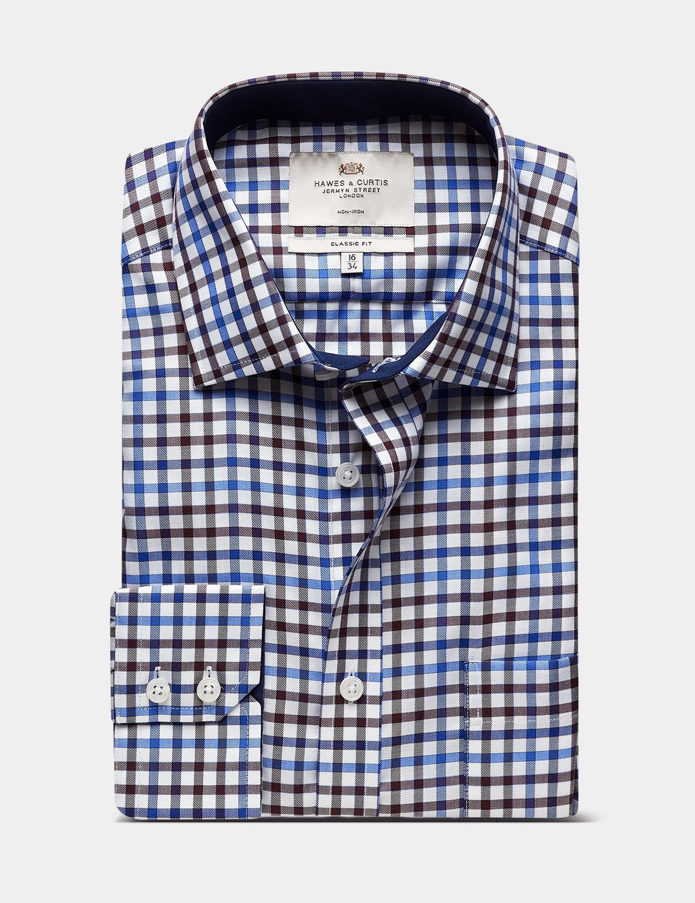 Classic Fit Brown & Blue Check Non-Iron Shirt - Contrast Detail  - Chest Pocket-preview