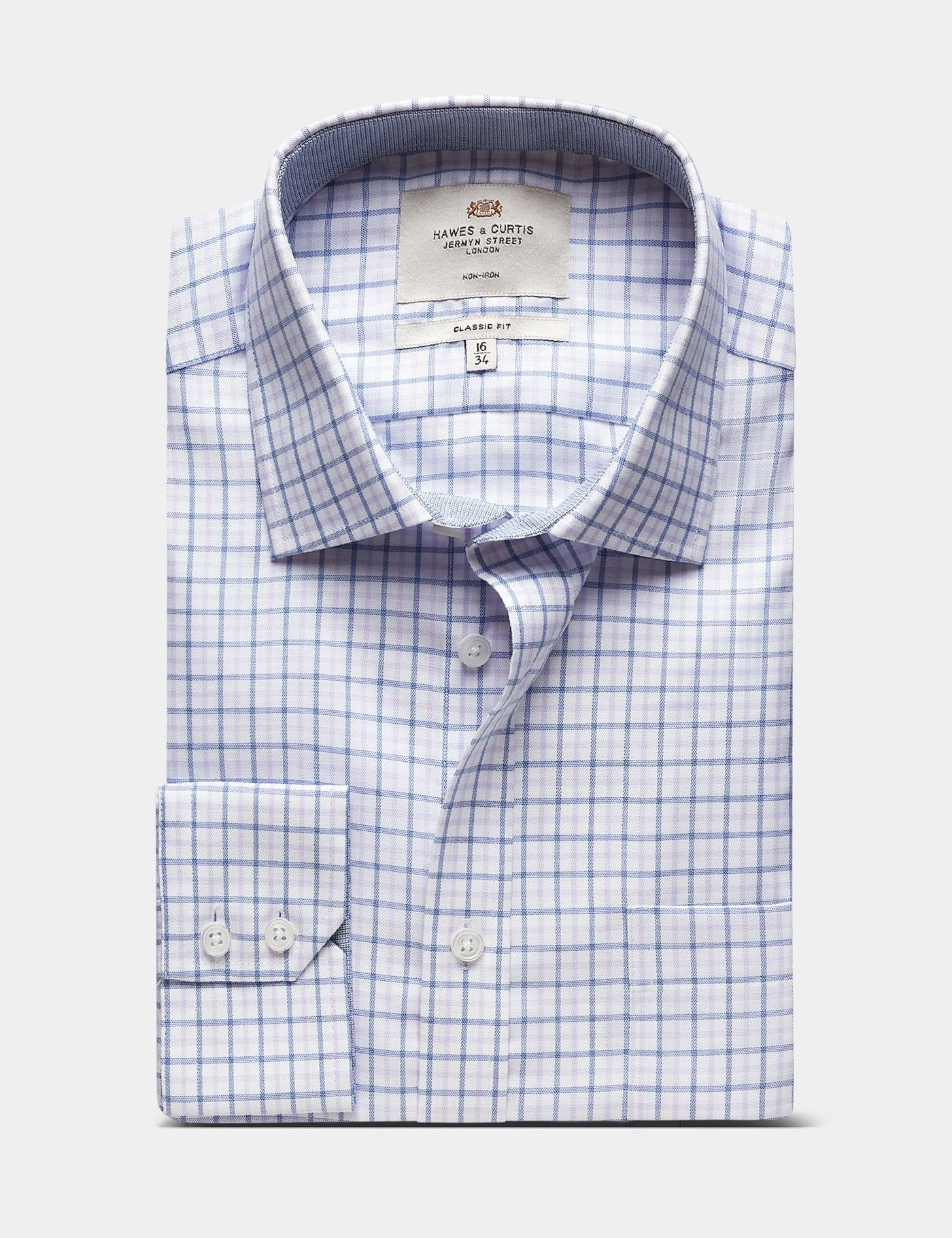 Classic Fit Navy & Lilac Check Non-Iron Shirt - Contrast Detail - Chest Pocket-preview