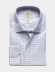 Classic Fit Navy & Lilac Check Non-Iron Shirt - Contrast Detail  - Chest Pocket