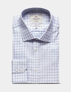 Classic Fit Navy & Lilac Check Non-Iron Shirt - Contrast Detail  - Chest Pocket