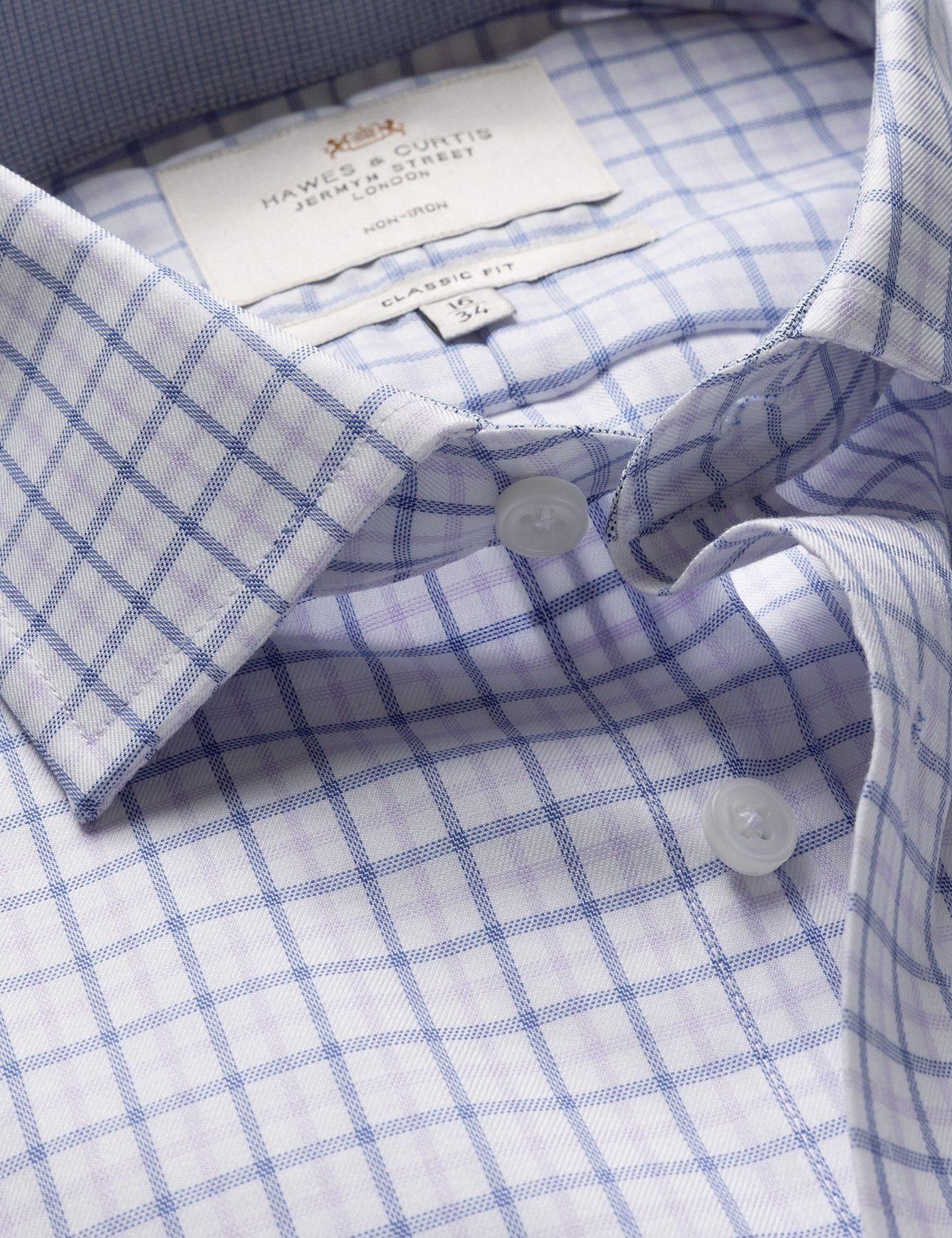 Classic Fit Navy & Lilac Check Non-Iron Shirt - Contrast Detail - Chest Pocket
