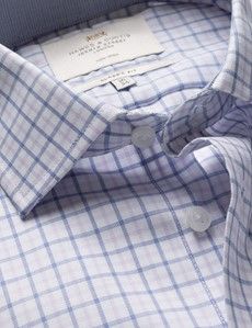 Classic Fit Navy & Lilac Check Non-Iron Shirt - Contrast Detail  - Chest Pocket