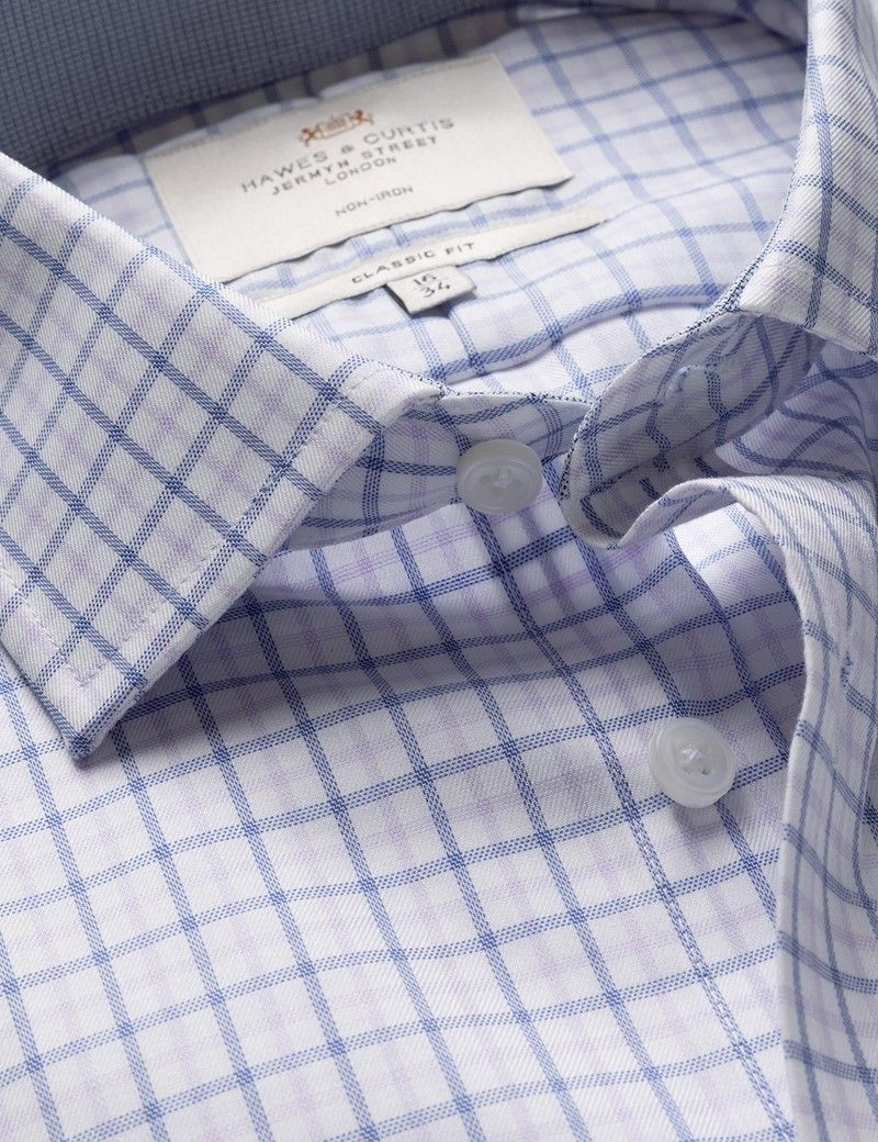 Classic Fit Navy & Lilac Check Non-Iron Shirt - Contrast Detail  - Chest Pocket