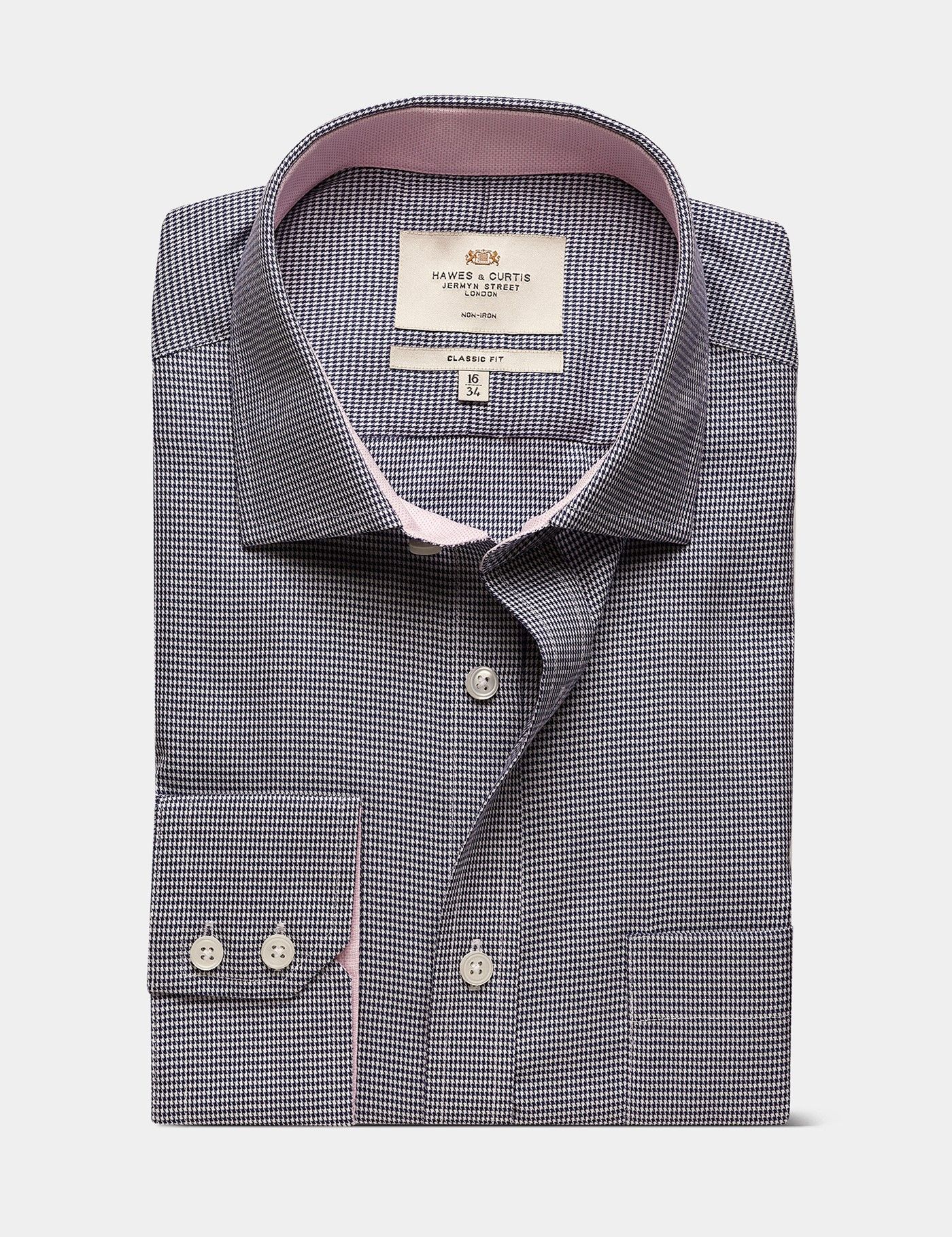 Classic Fit Navy & White Check Non-Iron Shirt - Contrast Detail  - Chest Pocket-preview