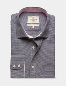 Classic Fit Navy & White Dogtooth Twill Non-Iron Shirt - Contrast Detail  - Chest Pocket