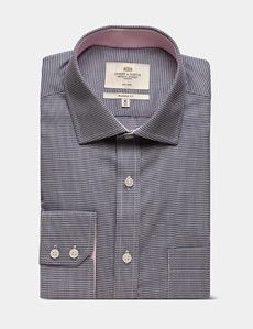 Classic Fit Navy & White Dogtooth Twill Non-Iron Shirt - Contrast Detail  - Chest Pocket