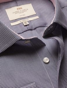 Classic Fit Navy & White Dogtooth Twill Non-Iron Shirt - Contrast Detail  - Chest Pocket