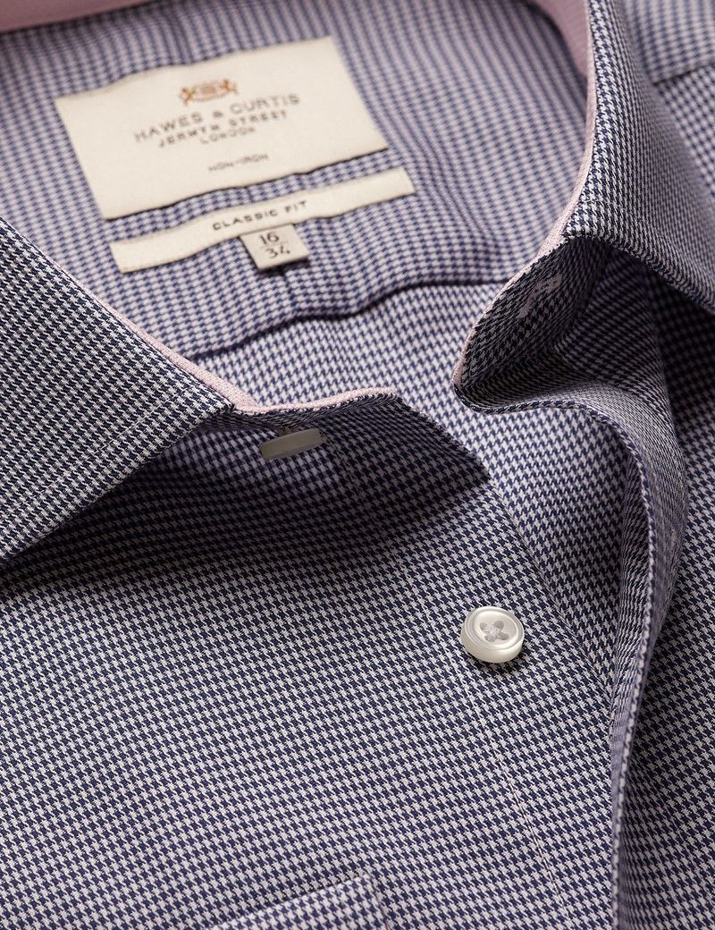 Classic Fit Navy & White Dogtooth Twill Non-Iron Shirt - Contrast Detail  - Chest Pocket