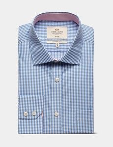 Classic Fit Blue & White Check Non-Iron Shirt  - Contrast Detail  - Chest Pocket