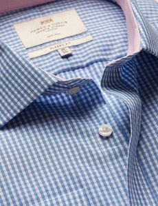 Classic Fit Blue & White Check Non-Iron Shirt  - Contrast Detail  - Chest Pocket