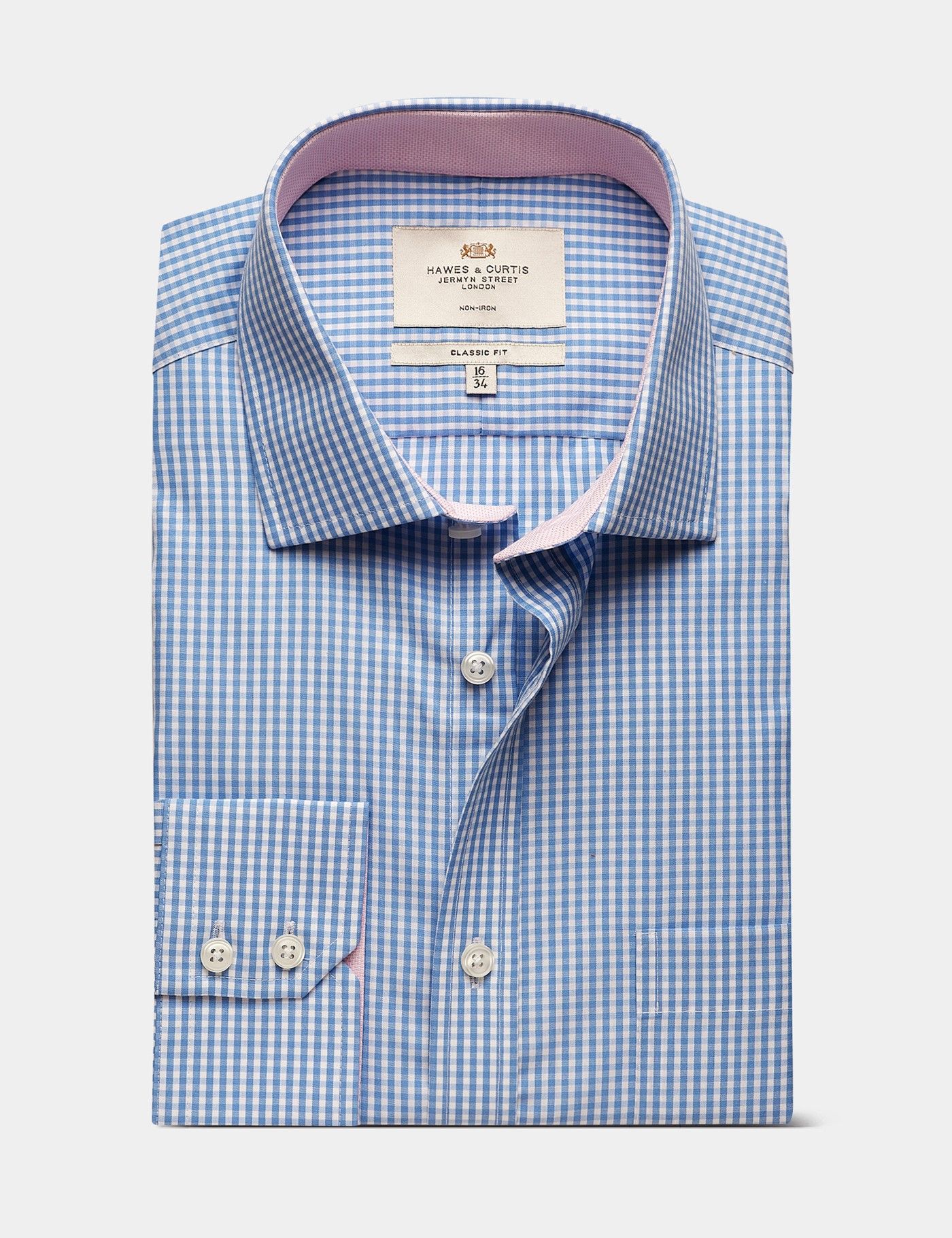 Classic Fit Blue & White Check Non-Iron Shirt  - Contrast Detail  - Chest Pocket-preview